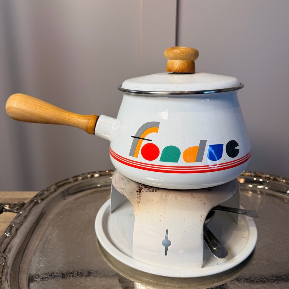 Vtg Mid Century Cream Enameled Fondue Pot Lid Stand Burner Snuffer
